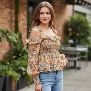 Astr Floral Smocked Off-Shoulder Blouse